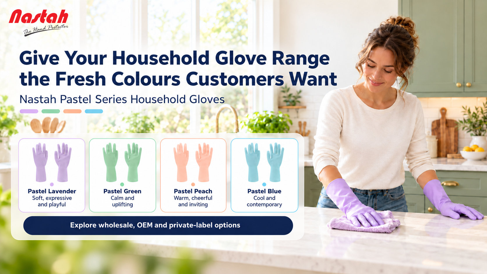 Natural kitchen portrait with glove showcase